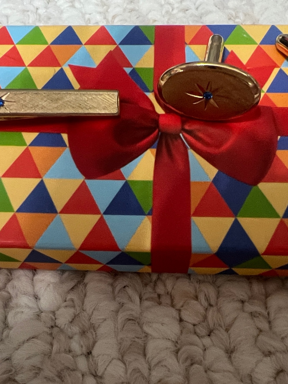 Avon Gold Cufflinks and Tie Clip Set with Blue Accents